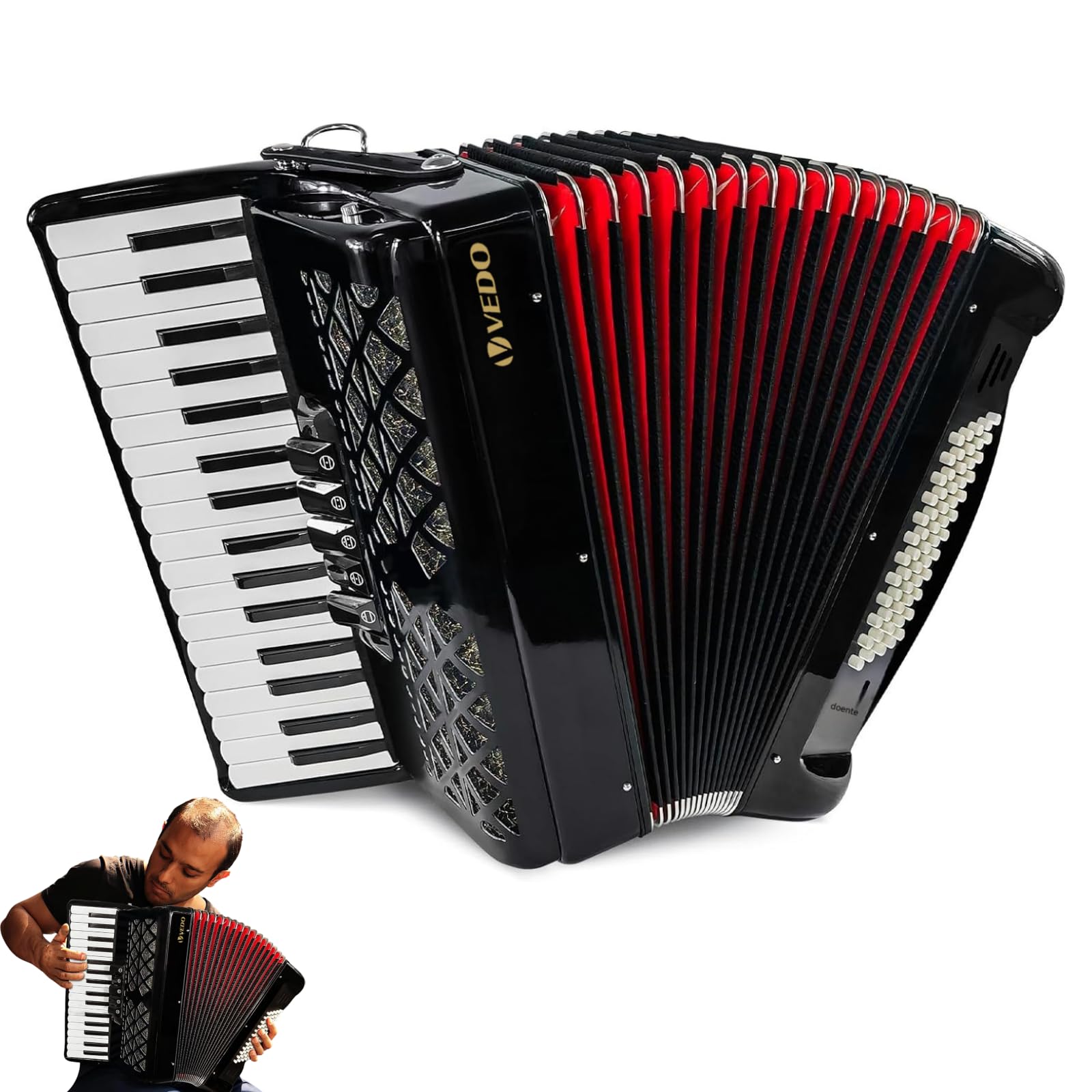 VEDO Acordeon Profissional 34 Teclas, com 60 Teclas Baixo, 5 Teclas Variáveis, Terceira voz, Acordeão Avançado, Adequado Para Adultos Amantes da Música, Orquestra, Maple e Molas Alemãs, Preto