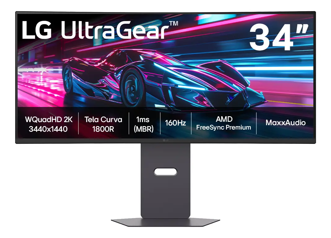 Monitor Gamer LG UltraGear Curvo 34" QuadHD 2K, UltraWide 1800R, 160Hz, 1ms (MBR), AMD FreeSync Premium, HDR10, MaxxAudio, Preto -34G600A