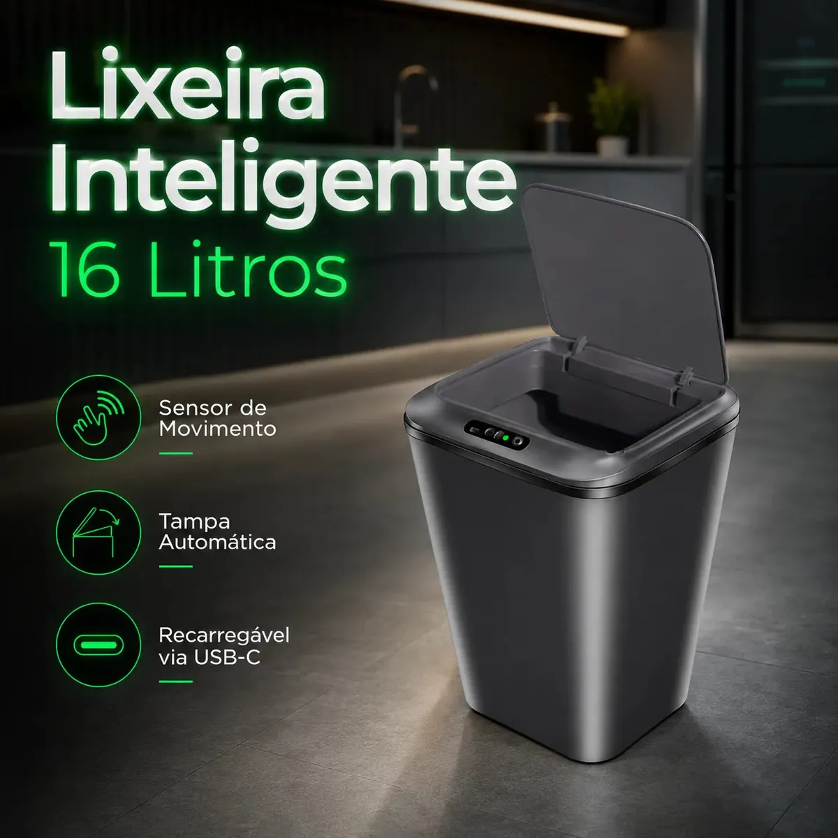 Lixeira Inteligente Automática 16l Com Sensor Infravermelho Recarregável Usb Sistema Anti Odor Tampa Touchless Para Banheiro Cozinha Cor Cinza Escuro