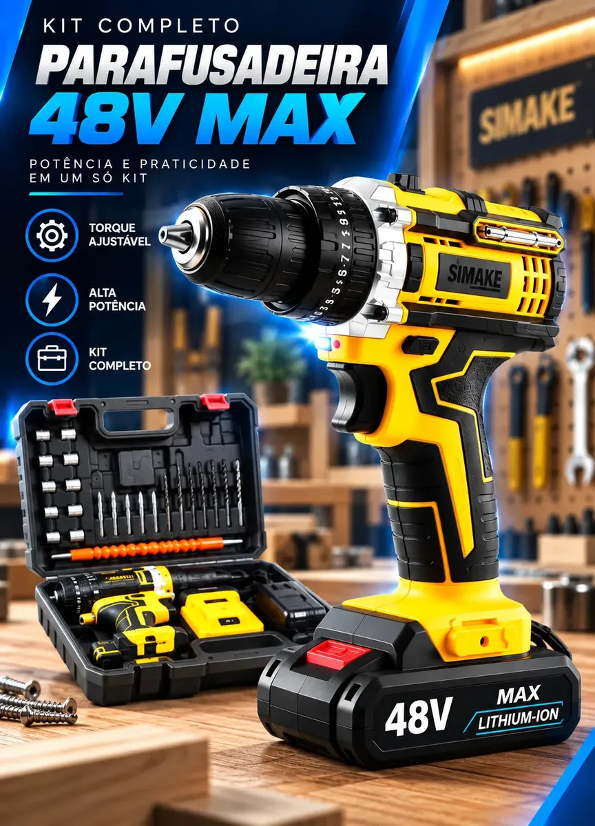 Parafusadeira Furadeira C/ 2 Baterias Maleta Kit Completo Led Eixo Flexível Vários Níveis Torque Simake