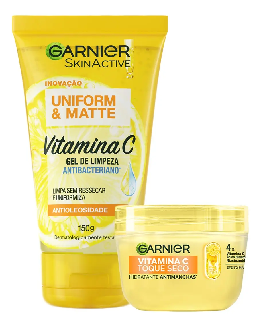 Kit Skincare Gel de Limpeza e Hidratante com Vitamina C, Ação Antioleosidade e Uniformizadora, Pele Iluminada e Hidratada, Uniform & Matte Garnier 150g - R$ 44,2