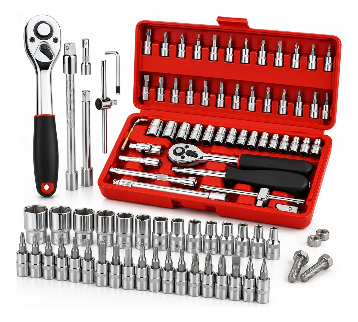 Jogo De Soquete 1/4 VLX Aço Cromo Com Catraca E Maleta Vermelha - R$ 26,9