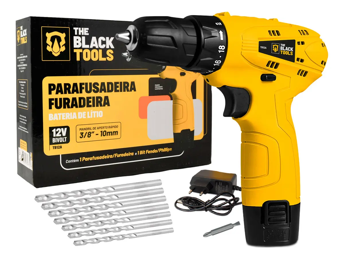 Furadeira Parafusadeira Bateria Profissional Cor Amarelo Frequência 60hz The Black Tools TB-12A