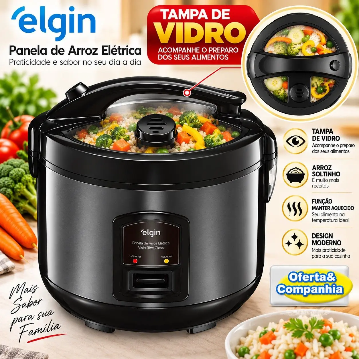 Panela De Arroz Elétrica Elgin 5 Xicaras 2L Tampa de Vidro 700w -