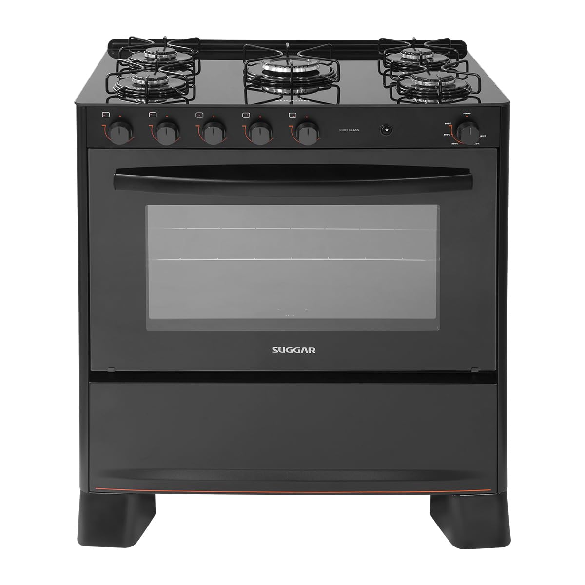 SUGGAR FOGÃO COOK GLASS PRETO MESA DE VIDRO 5 BOCAS MEGA CHAMA TREMPE 6 APOIOS ACENDIMENTO AUTOMÁTICO FGVCG510PT