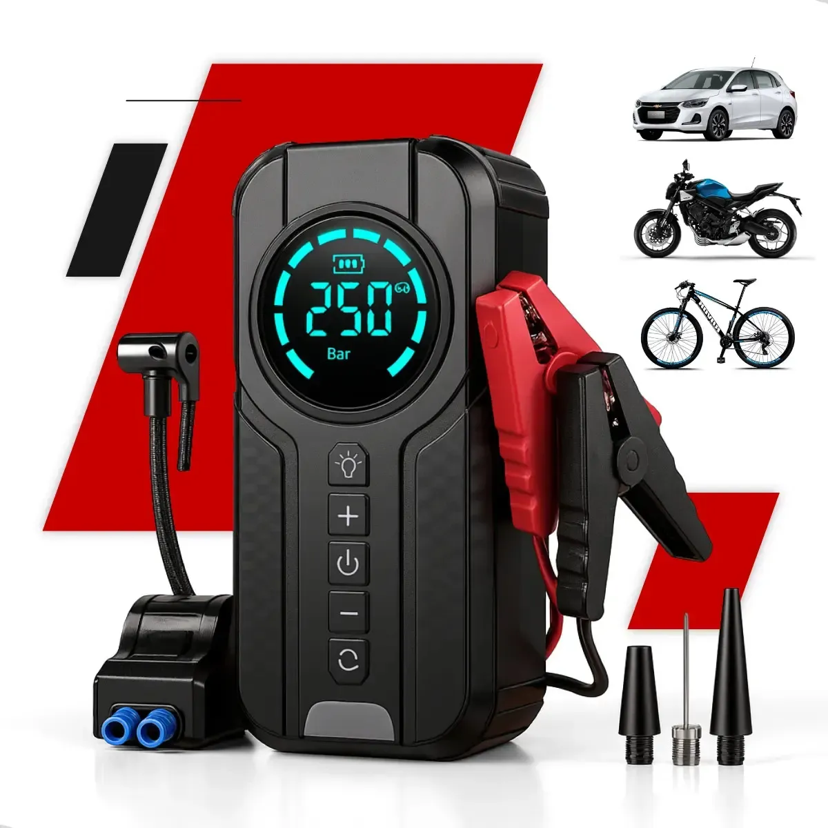 Auxiliar de Partida Carregador Bateria Com Compressor de Ar Emergência Portátil Veicular Floots Automotivo - R$ 173,4