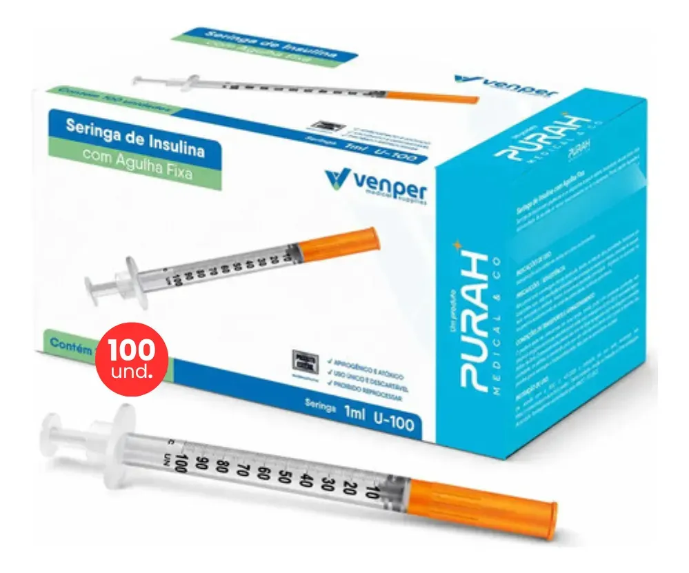 Seringa Insulina 1 ml Agulha Fixa Ultrafina 0,30mmx8mm Venper 100 Unidades - R$ 149,9