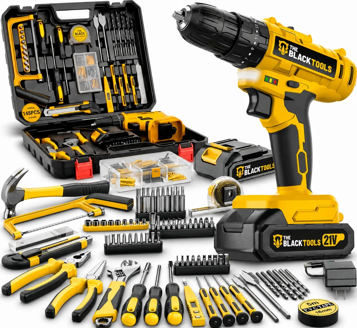 Parafusadeira Furadeira De Impacto The Black Tools Profissional Bateria 21V C/ Maleta + Kit Acessórios 145 Peças TBKIT23 - R$ 339,4