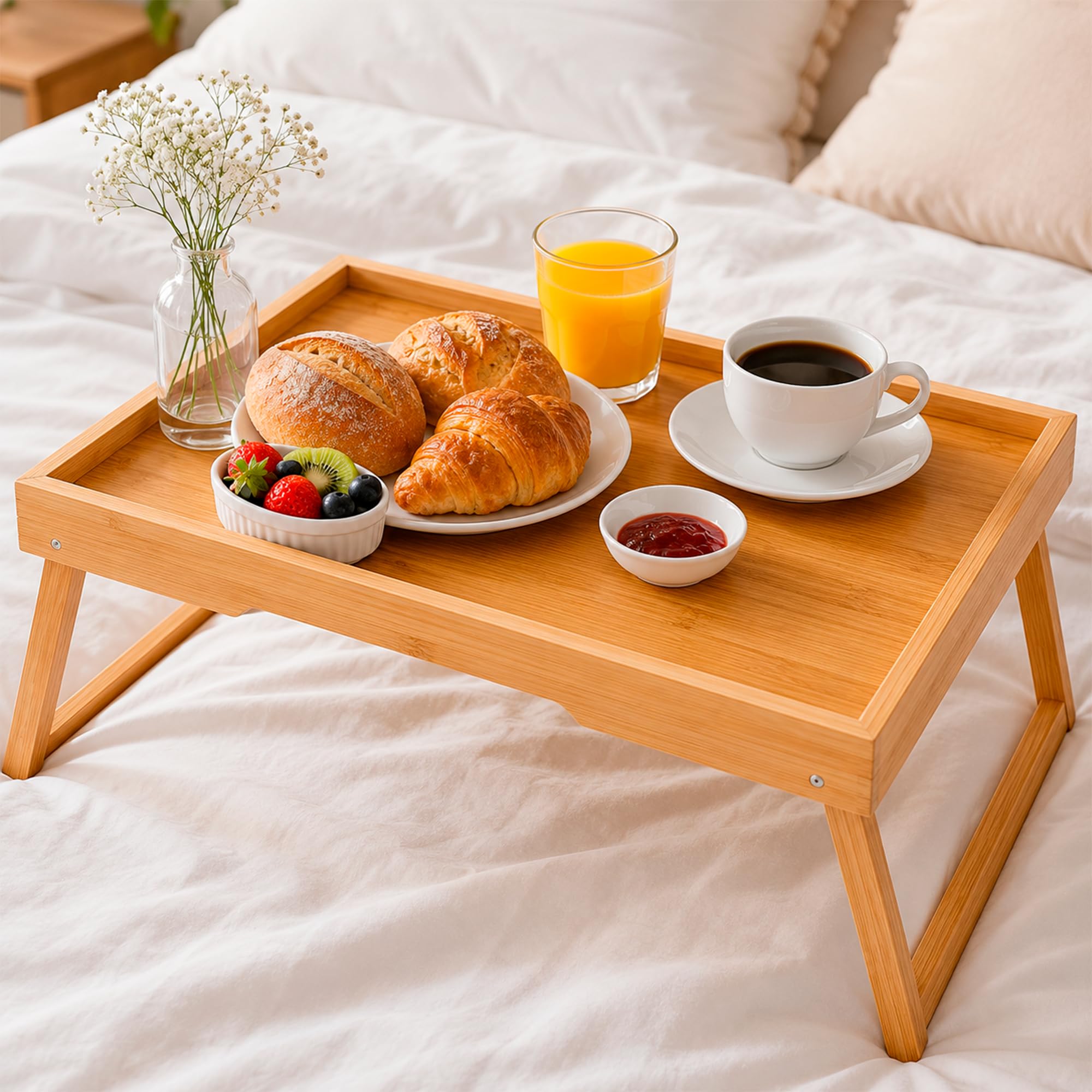 Bandeja Dobrável de Bambu Natural para Cama, Sofá e Café