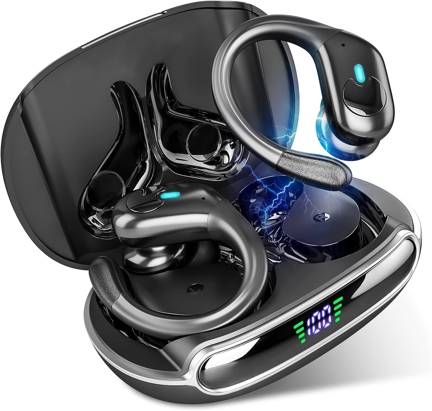 Fones de Ouvido Bluetooth Sem Fio, 60h de Reprodução com LED Display, Esportivos com Gancho, IPX5 à Prova d'Água, Graves Profundos, Compatível com iOS e Android, Preto