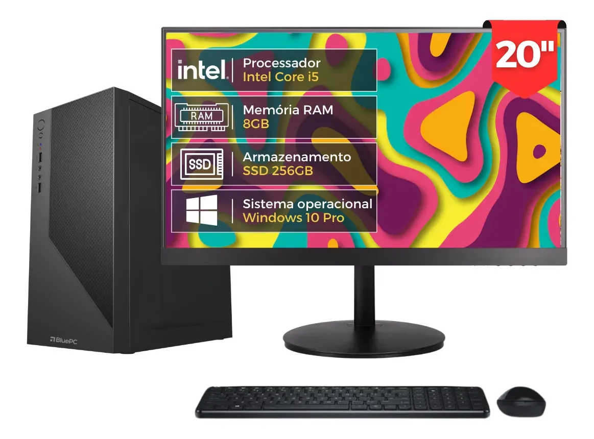 Computador Completo Fast Intel Core i5, 8GB RAM, SSD 256GB, Windows 10 Pro, Bivolt, Preto, Monitor 20" LED, Mouse e Teclado - BluePC CD2E-0110FA