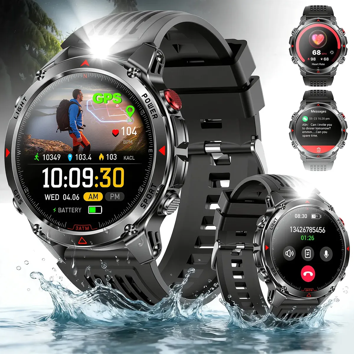 Relógio Inteligente Smartwatch GPS Autônomo À prova d&quotágua 3ATM NOVANTE Masculino Feminino Esportivo Digital 530mAh Preto Bluetooth Chamadas Notificações Instantâneas Android IOS Com Lanterna Bússola