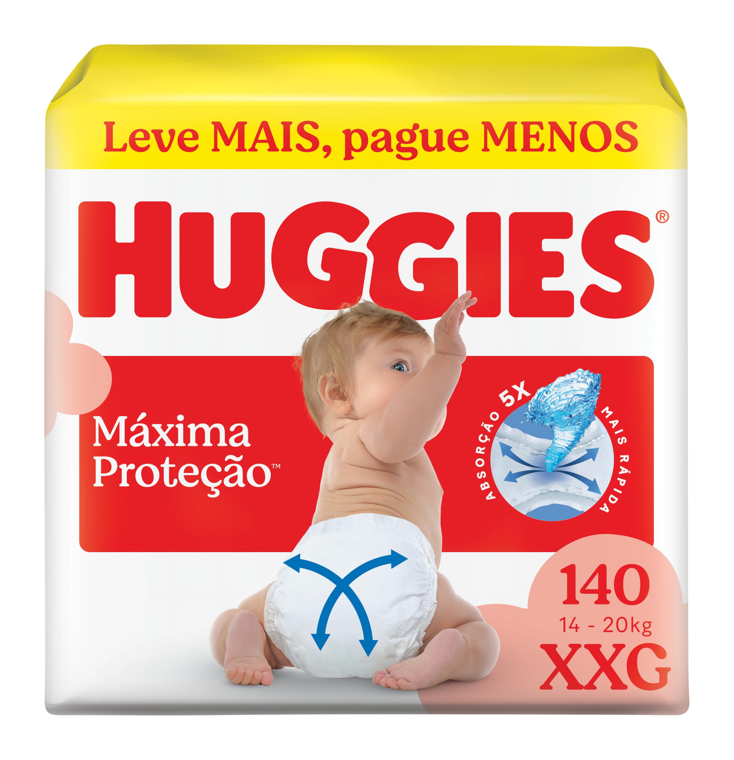 Fralda Descartável Huggies Máxima Proteção Tamanho XXG 140 unidades – aberta com tecnologia Xtra-Flex, canais em X que se adaptam aos movimentos e máxima proteção