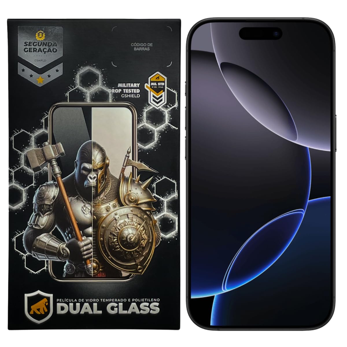 Gshield Película de Fibra de Vidro 10H Proteção Contra Arranhões e Impactos, Alta Sensibilidade Tela Toda, Dual Glass Preta (iPhone 16 Pro/ 17/17 Pro)