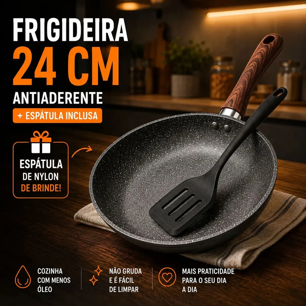 Frigideira Antiaderente Cerâmica Granito 24cm com Espátula Cabo de Madeira Indução Cooktop e Fogão a Gás Não Gruda Sem Óleo Viacruz - R$ 52,9