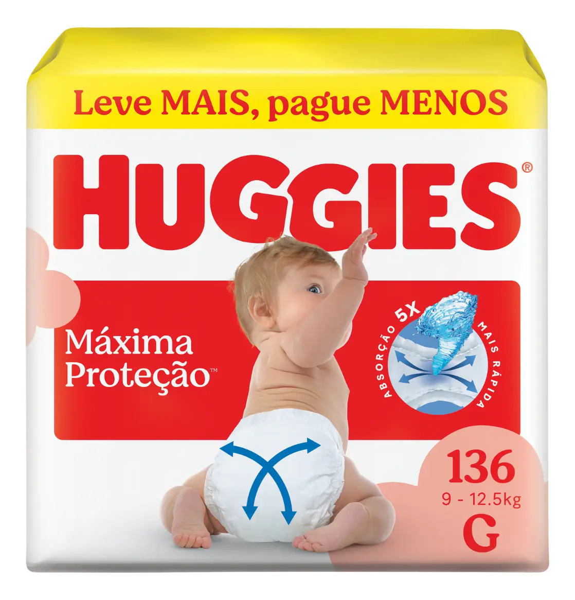 Huggies Fralda Descartável Máxima Proteção G - 136 Un - R$ 279,9