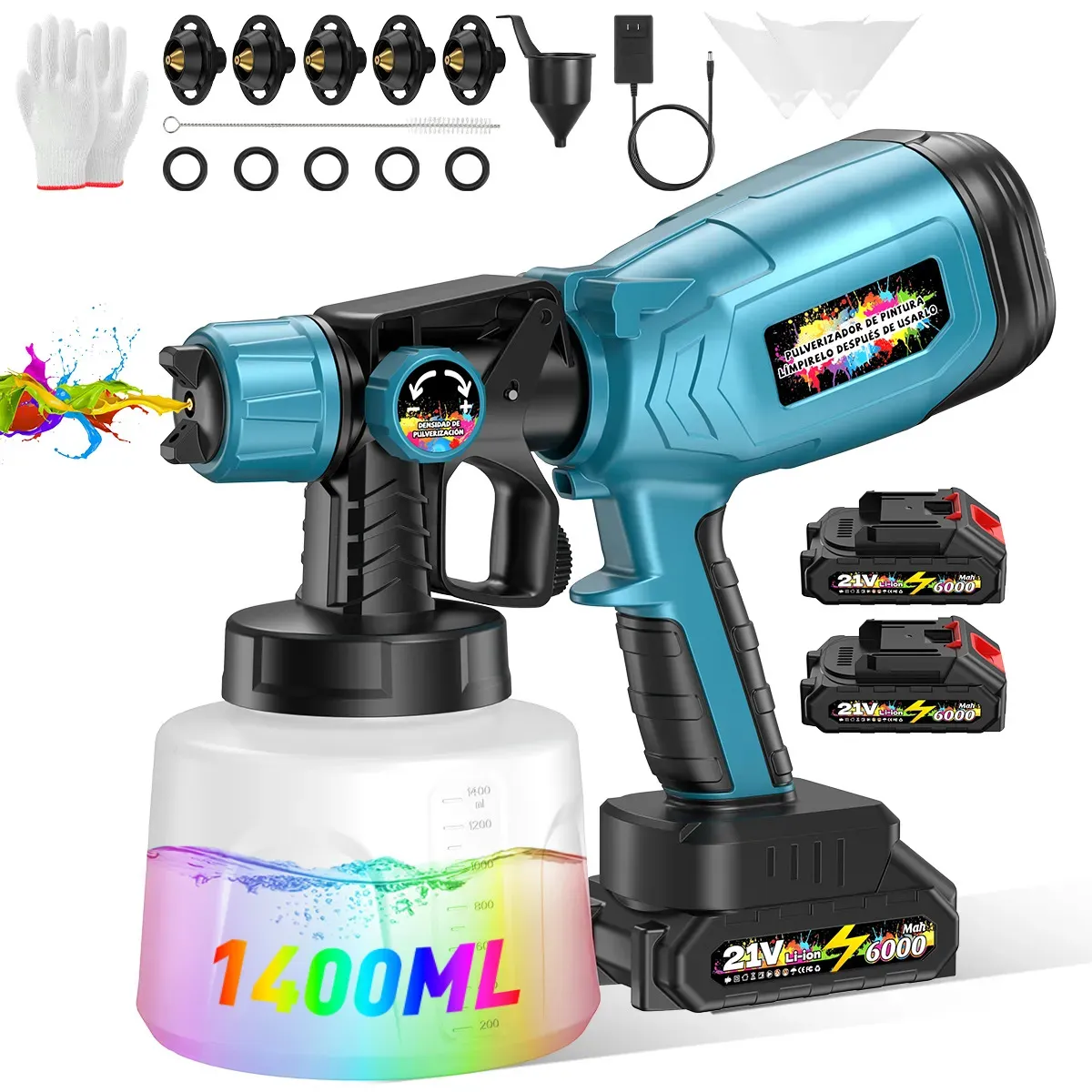 1500W Pistola De Pintura Elétrica Profissional 1400ML 2*6000mAh Bateria Portátil Pistola Pulverizador Hvlp De Tinta Con 6 Bicos 3 Modos Low Pressão Gravidade Para Automotiva/Carro/Cerca