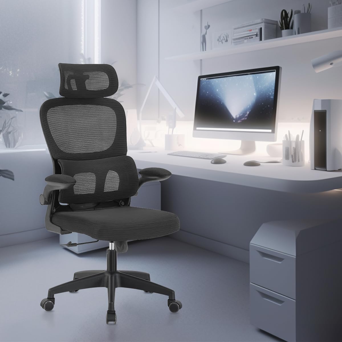Cadeira de escritório com design ergonômico conforme NR-17, suporte lombar independente, malha respirável e encosto de cabeça ajustável,Python Fly (Preto)