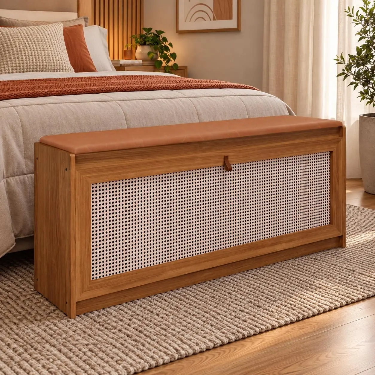 Banco Sapateira Plenitude 130cm Madeira com Assento Almofadado material sintético Marrom e Tela Rattan